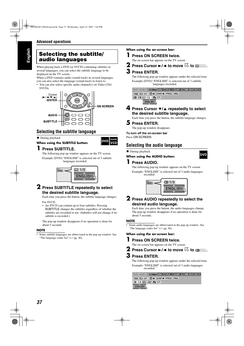 A pg. 37, 38, Title), A pg. 37 | Annel, A pg. 37, 38), Btitle language, A pg. 37), Selecting the subtitle/ audio languages, Selecting the subtitle language, Selecting the audio language | JVC TH-M42 User Manual | Page 106 / 130