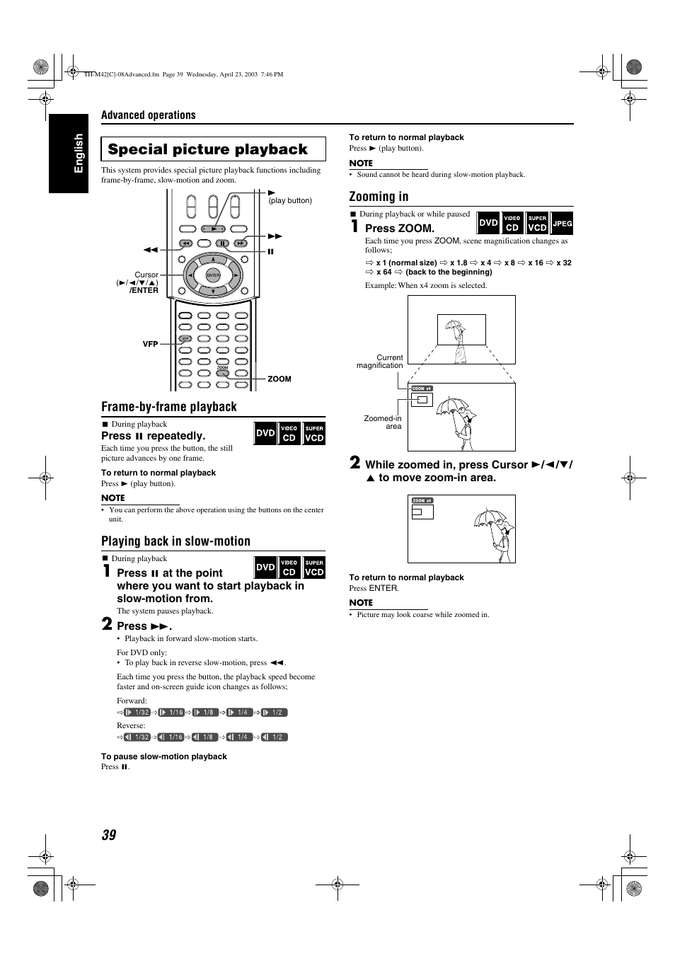 A pg. 39, A pg. 39), Special picture playback | Frame-by-frame playback, Playing back in slow-motion, Zooming in | JVC TH-M42 User Manual | Page 108 / 130