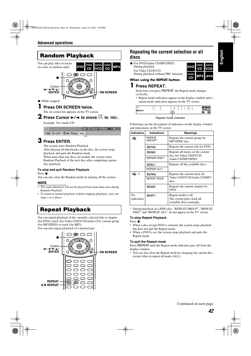A pg. 42, A pg. 42), Random playback | Random playback repeat playback, Repeating the current selection or all discs | JVC TH-M42 User Manual | Page 111 / 130