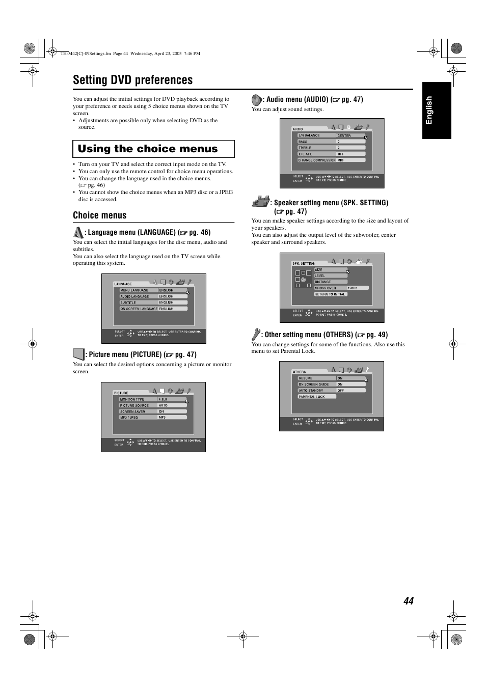 Setting dvd preferences, A pg. 44, Using the choice menus | Choice menus | JVC TH-M42 User Manual | Page 113 / 130