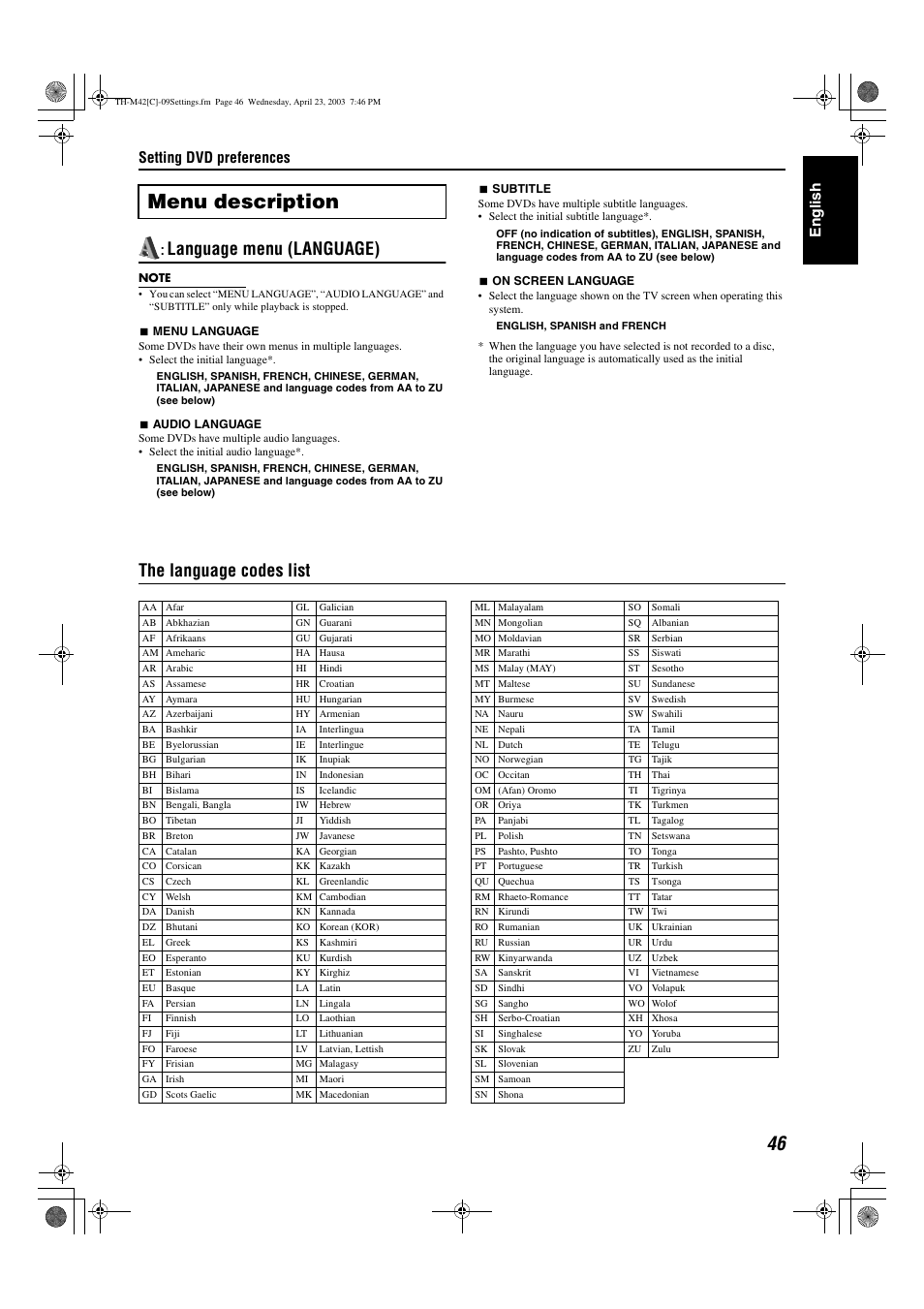 The language codes list, A pg. 46), Menu description | Language menu (language), Setting dvd preferences, Engli s h | JVC TH-M42 User Manual | Page 115 / 130