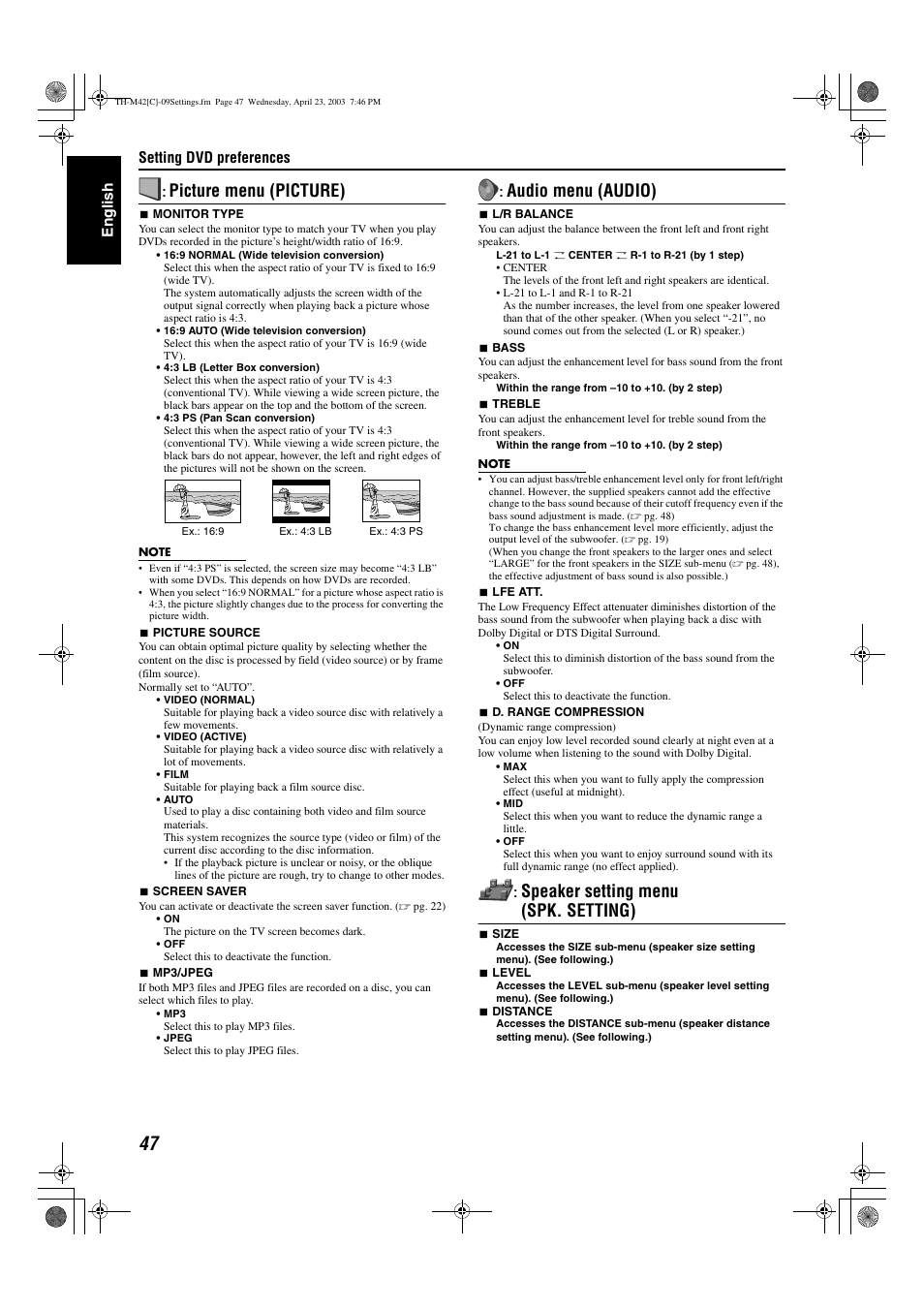 A pg. 47), Picture menu (picture), Audio menu (audio) | Speaker setting menu (spk. setting), Setting dvd preferences, Engli s h | JVC TH-M42 User Manual | Page 116 / 130
