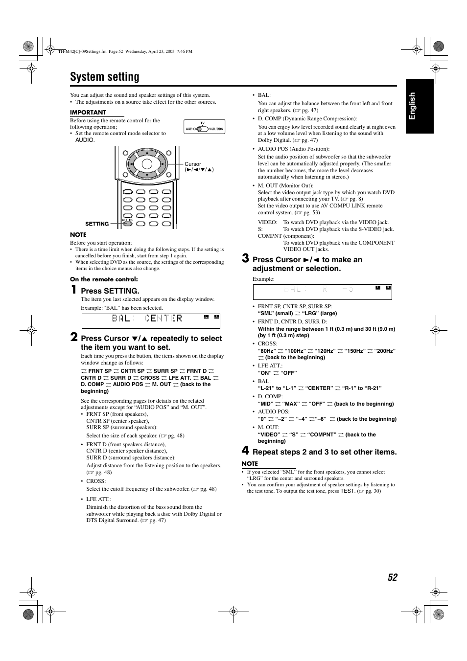 System setting, A pg. 52, Engli s h | Press setting, Repeat steps 2 and 3 to set other items | JVC TH-M42 User Manual | Page 121 / 130