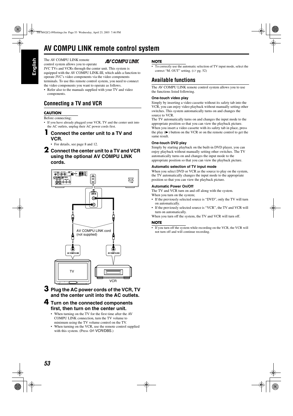 Av compu link remote control system, A pg. 53, A pg. 53) | Connecting a tv and vcr, Available functions | JVC TH-M42 User Manual | Page 122 / 130