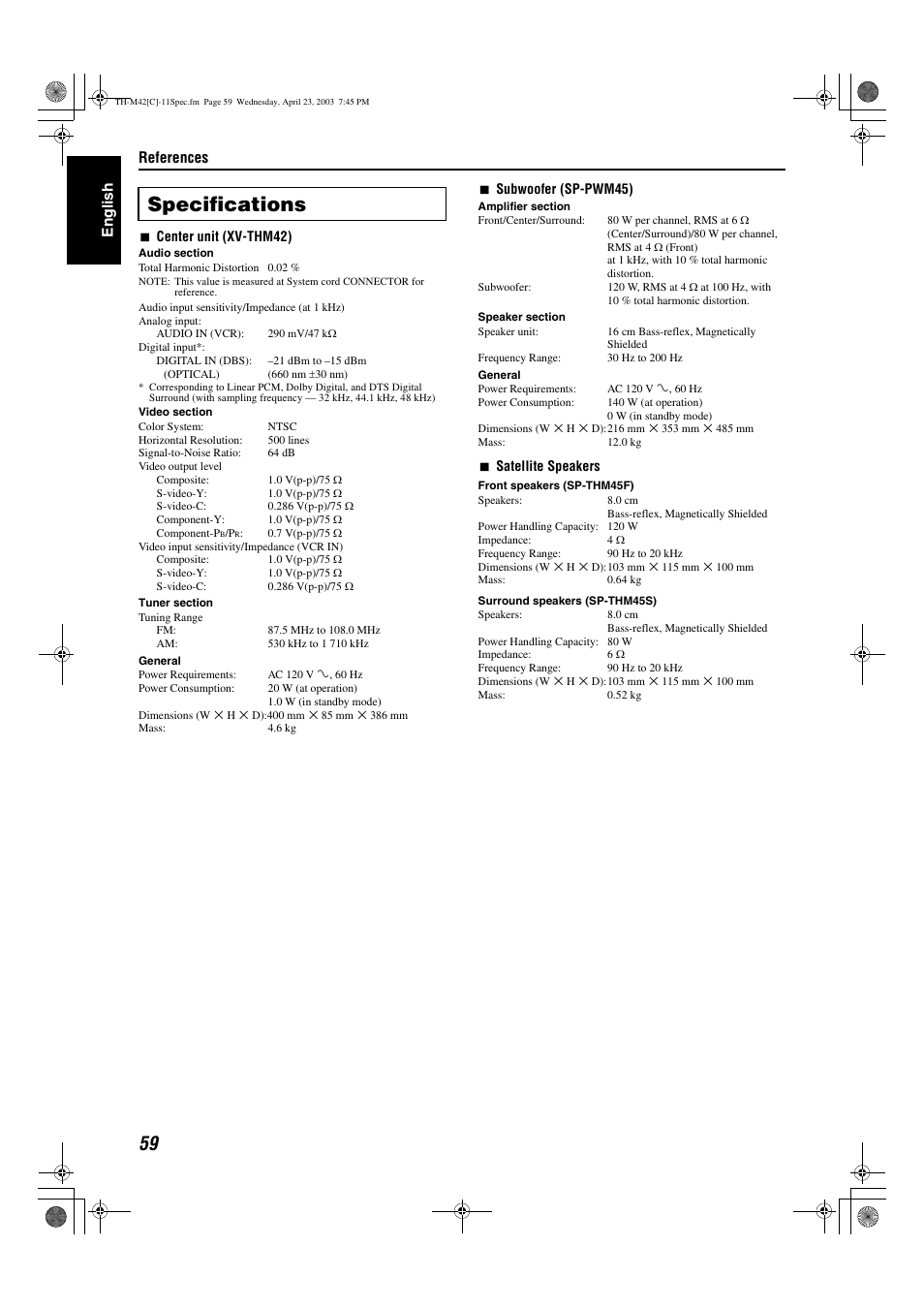 Specifications, References, Engli s h | JVC TH-M42 User Manual | Page 128 / 130