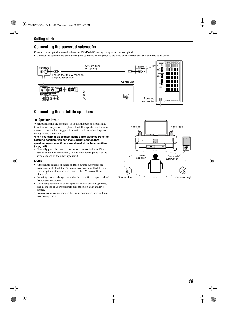 A pg. 10, Ector, Connecting the powered subwoofer | Connecting the satellite speakers, Getting started | JVC TH-M42 User Manual | Page 13 / 130