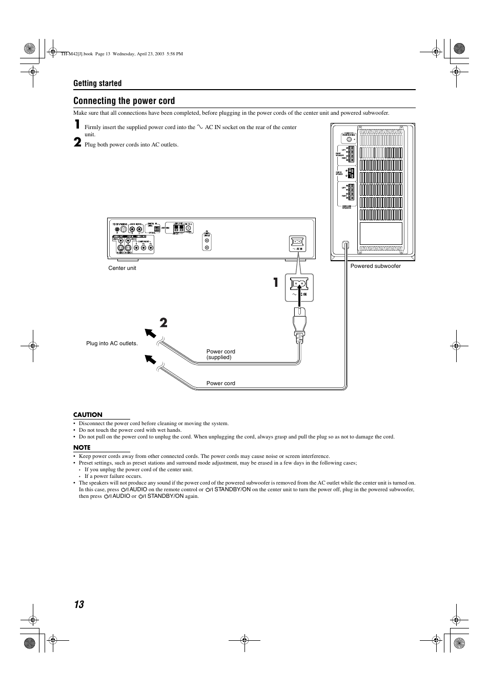 Connecting the power cord, Getting started | JVC TH-M42 User Manual | Page 16 / 130