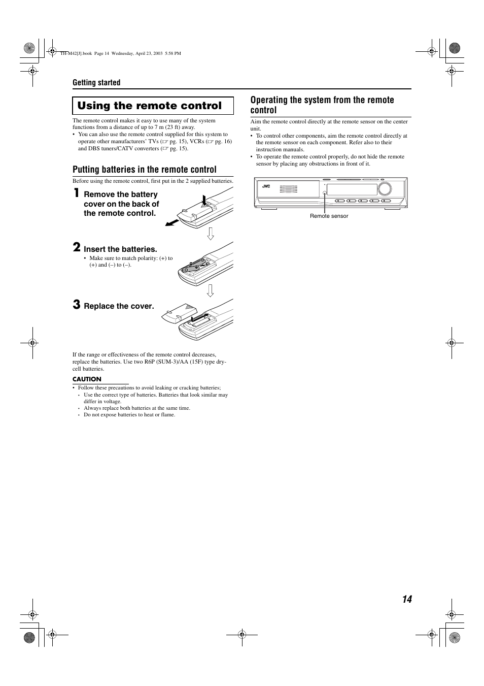 A pg. 14, Using the remote control, Putting batteries in the remote control | Operating the system from the remote control | JVC TH-M42 User Manual | Page 17 / 130