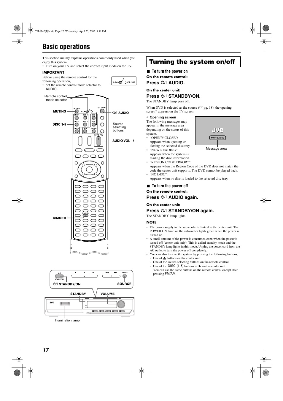 Basic operations, A pg. 17, Y/on) a pg. 17 | Turning the system on/off | JVC TH-M42 User Manual | Page 20 / 130