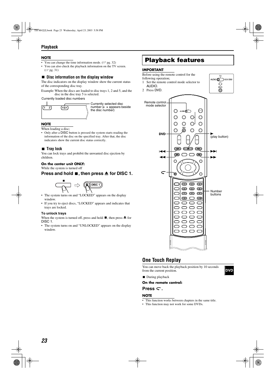 A pg. 23, Playback features, One touch replay | JVC TH-M42 User Manual | Page 26 / 130