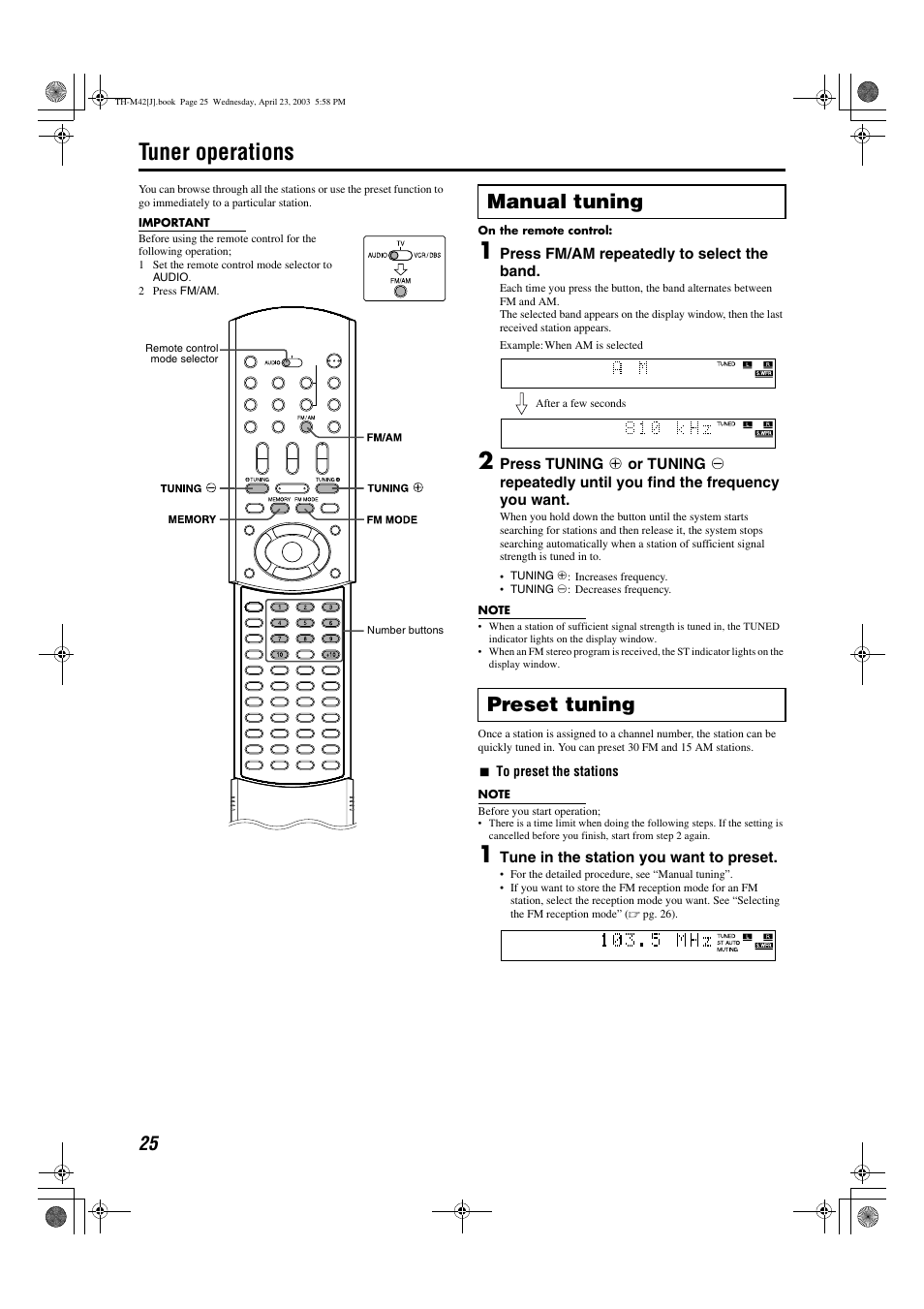 Tuner operations, A pg. 25, A pg. 25) | Manual tuning preset tuning | JVC TH-M42 User Manual | Page 28 / 130