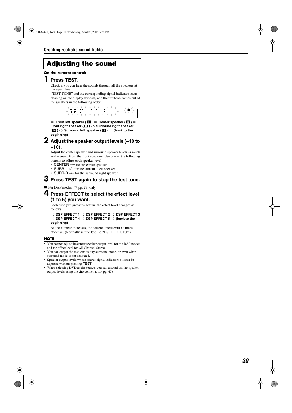 A pg. 30, Adjusting the sound | JVC TH-M42 User Manual | Page 33 / 130