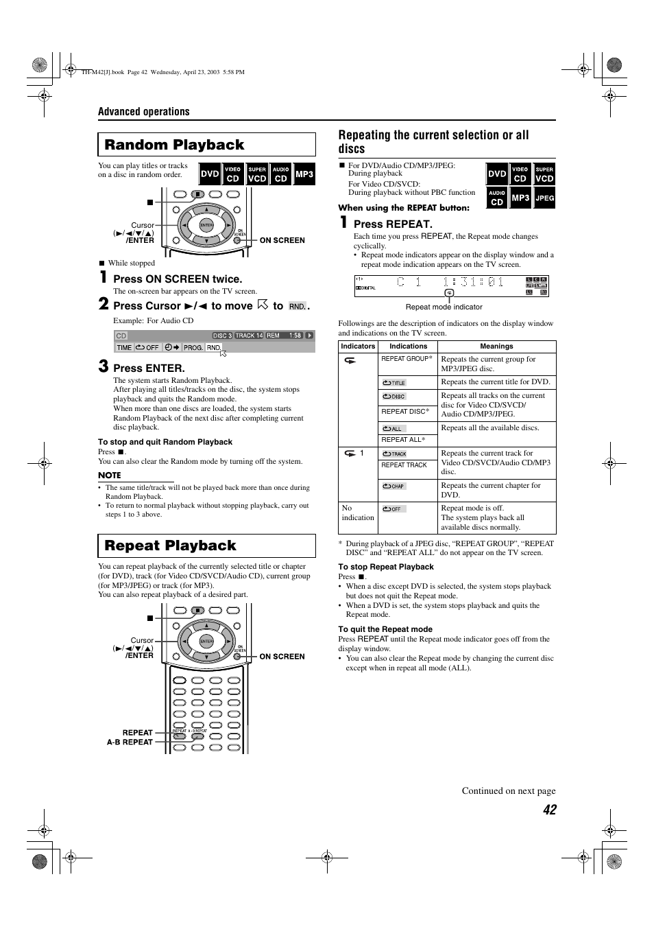 A pg. 42, A pg. 42), Random playback repeat playback | Repeating the current selection or all discs | JVC TH-M42 User Manual | Page 45 / 130