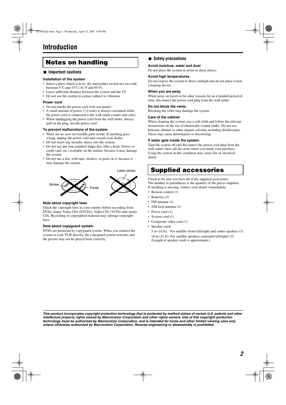 Introduction, Supplied accessories | JVC TH-M42 User Manual | Page 5 / 130