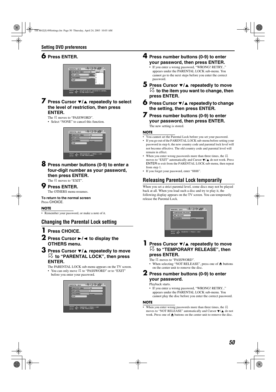 Changing the parental lock setting, Releasing parental lock temporarily | JVC TH-M42 User Manual | Page 53 / 130