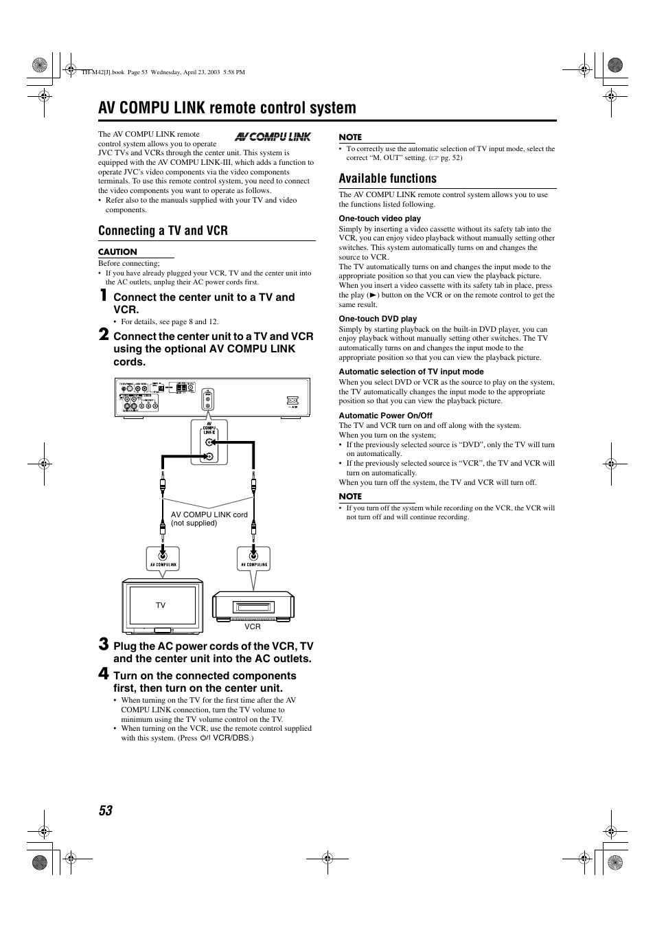 Av compu link remote control system, A pg. 53, A pg. 53) | Connecting a tv and vcr, Available functions | JVC TH-M42 User Manual | Page 56 / 130