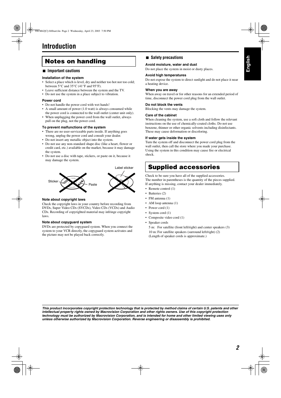 Introduction, Supplied accessories | JVC TH-M42 User Manual | Page 71 / 130