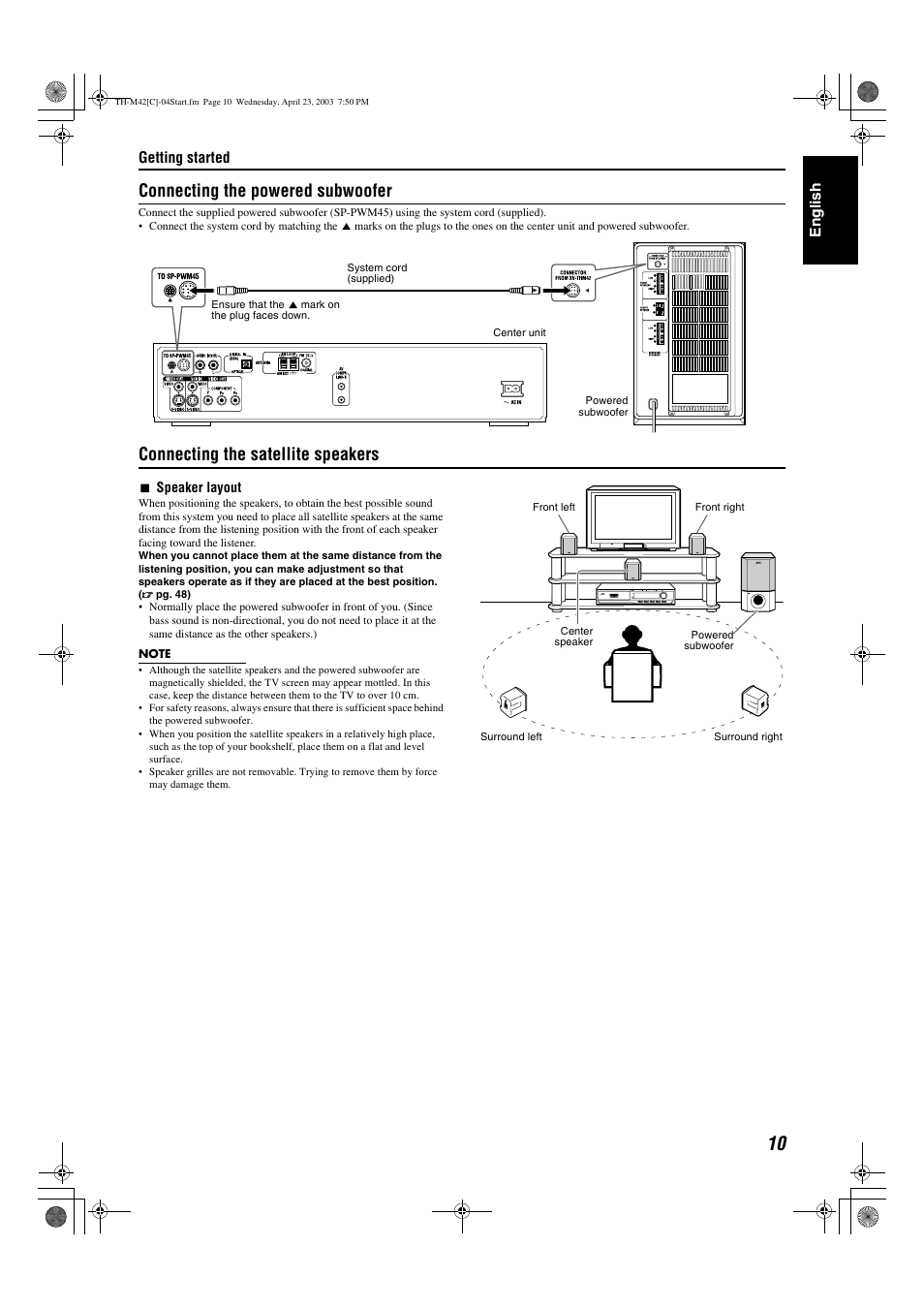 A pg. 10, Ector, Connecting the powered subwoofer | Connecting the satellite speakers, Getting started, Engli s h | JVC TH-M42 User Manual | Page 79 / 130