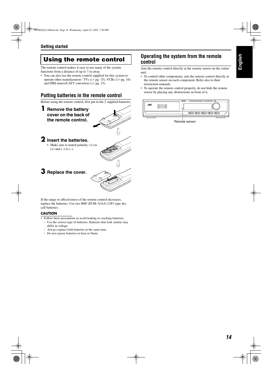 A pg. 14, Using the remote control, Putting batteries in the remote control | Operating the system from the remote control | JVC TH-M42 User Manual | Page 83 / 130