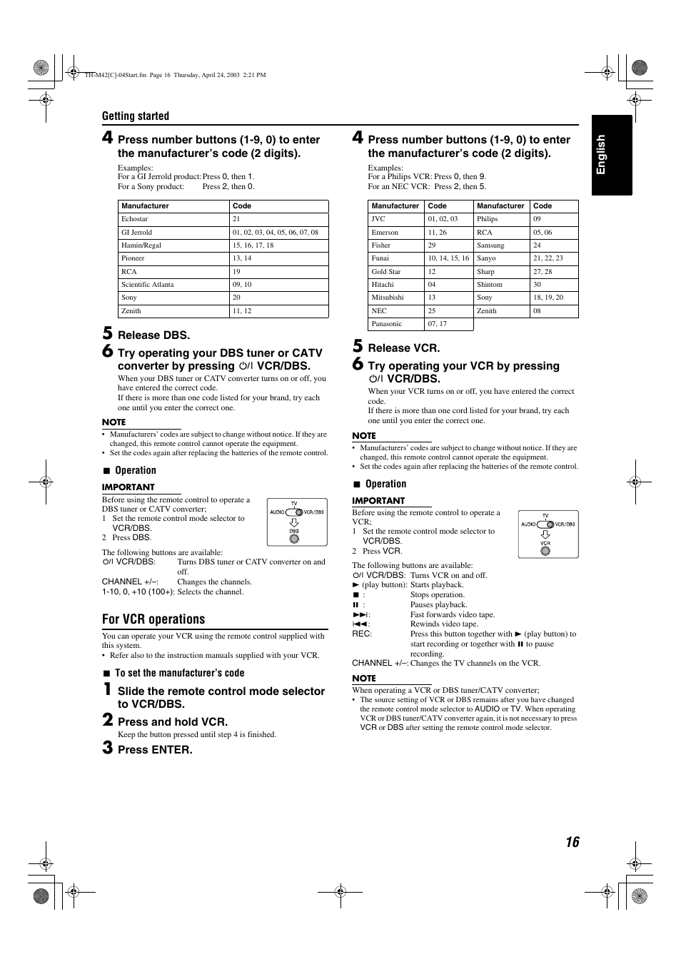 A pg. 16, A pg. 16), For vcr operations | JVC TH-M42 User Manual | Page 85 / 130