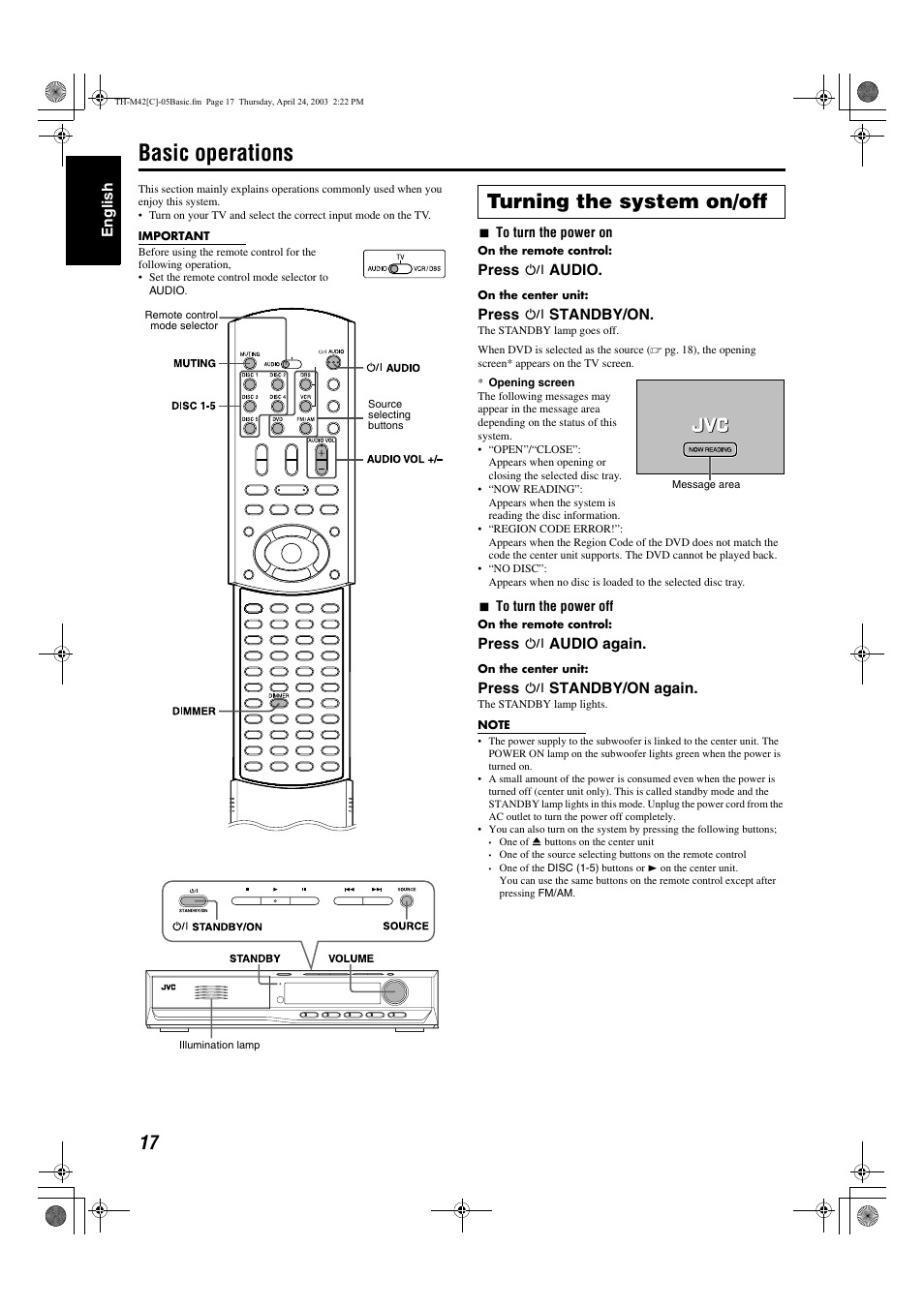 Basic operations, A pg. 17, Y/on) a pg. 17 | Turning the system on/off | JVC TH-M42 User Manual | Page 86 / 130