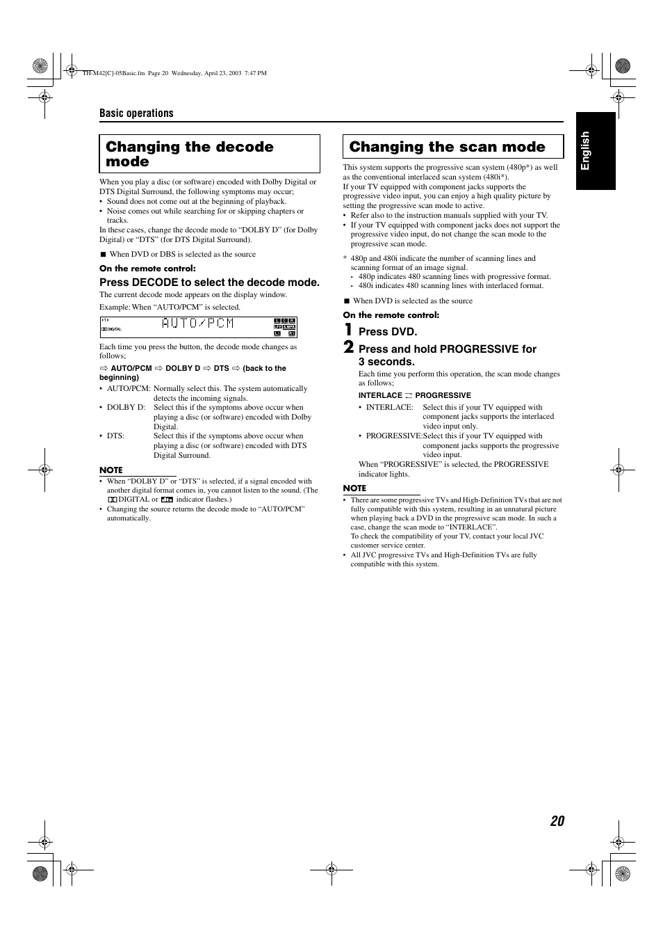 A pg. 20, A pg. 20), Changing the decode mode changing the scan mode | JVC TH-M42 User Manual | Page 89 / 130