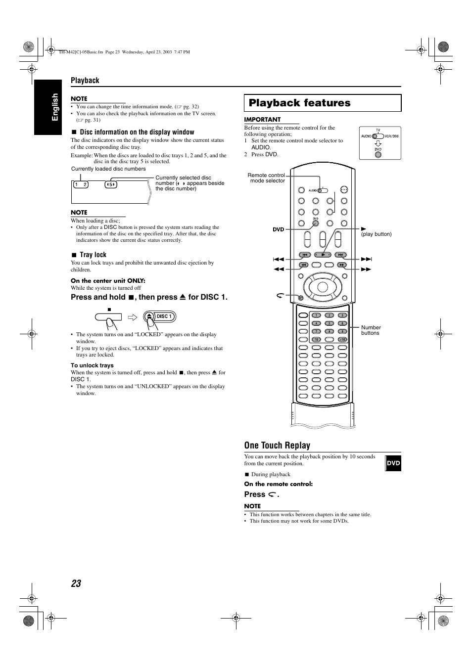 A pg. 23, Playback features, One touch replay | JVC TH-M42 User Manual | Page 92 / 130