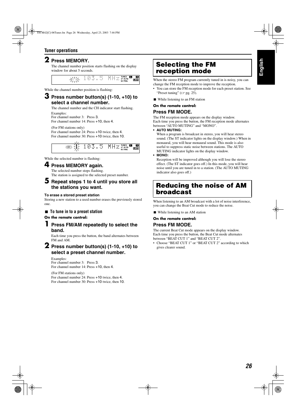 A pg. 26, E “selecting the fm reception mode, A pg. 26) | JVC TH-M42 User Manual | Page 95 / 130