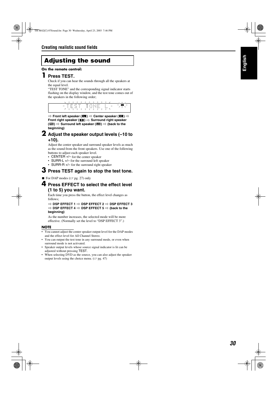 A pg. 30, Adjusting the sound | JVC TH-M42 User Manual | Page 99 / 130