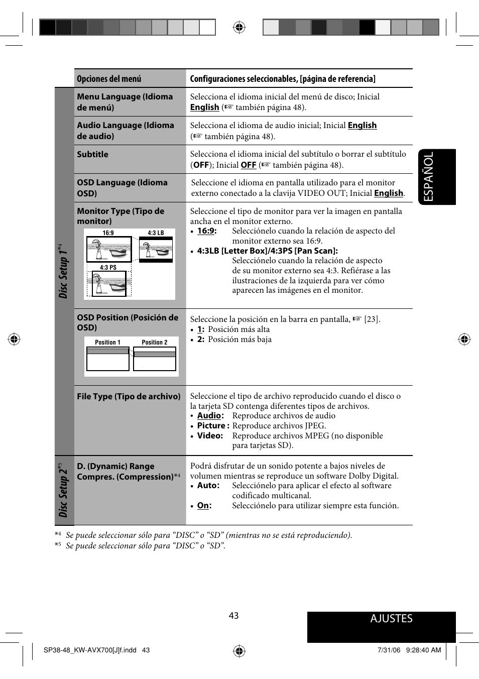 Español, Ajustes, Disc setup 1 | Disc setup 2 | JVC KW-AVX706 User Manual | Page 101 / 177