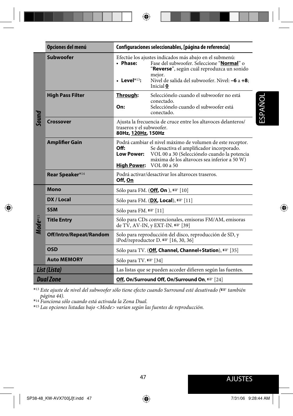 Español, Ajustes, Sound | Mode, List (lista), Dual zone | JVC KW-AVX706 User Manual | Page 105 / 177