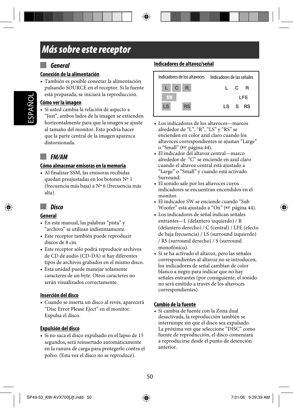 Más sobre este receptor, Español, General | Fm/am, Disco | JVC KW-AVX706 User Manual | Page 108 / 177