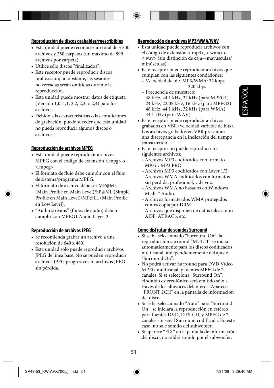 Español | JVC KW-AVX706 User Manual | Page 109 / 177