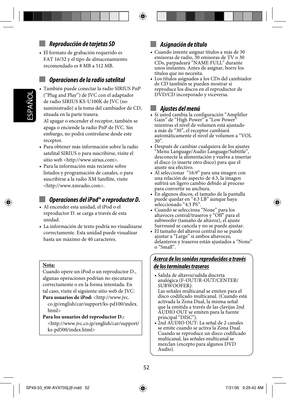 Español, Reproducción de tarjetas sd, Operaciones de la radio satelital | Operaciones del ipod® o reproductor d, Asignación de título, Ajustes del menú | JVC KW-AVX706 User Manual | Page 110 / 177