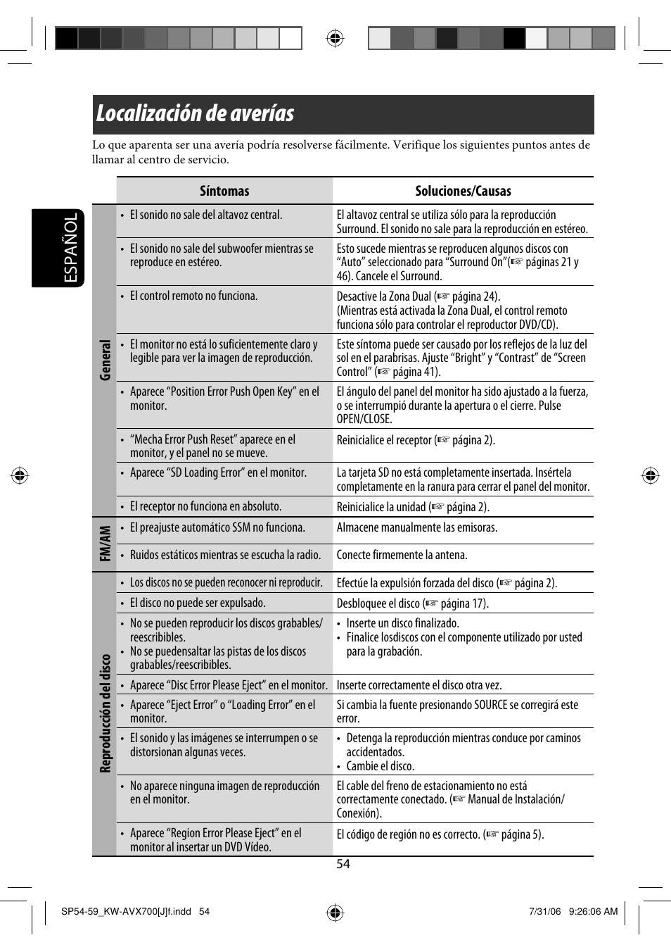 Localización de averías, Español | JVC KW-AVX706 User Manual | Page 112 / 177