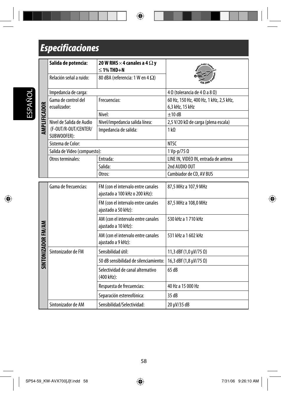Especificaciones, Español | JVC KW-AVX706 User Manual | Page 116 / 177