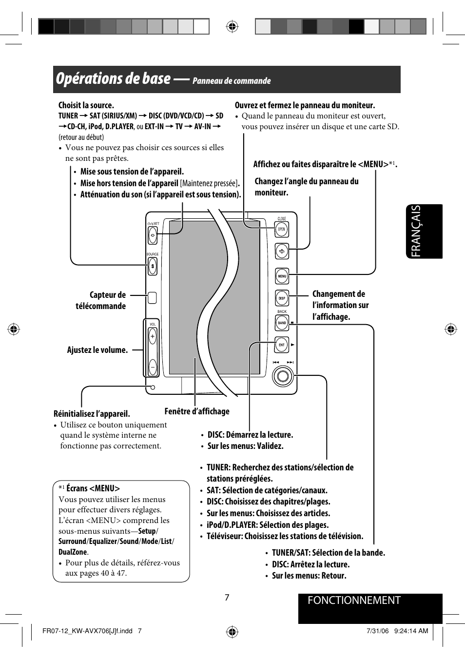 Opérations de base, Français, Fonctionnement | JVC KW-AVX706 User Manual | Page 123 / 177