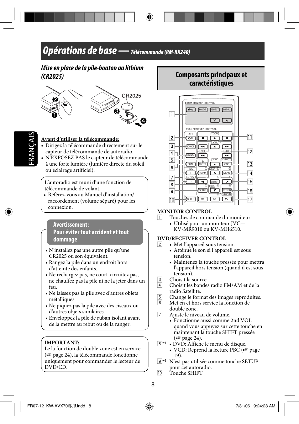 Opérations de base, Français, Composants principaux et caractéristiques | Télécommande (rm-rk240) | JVC KW-AVX706 User Manual | Page 124 / 177