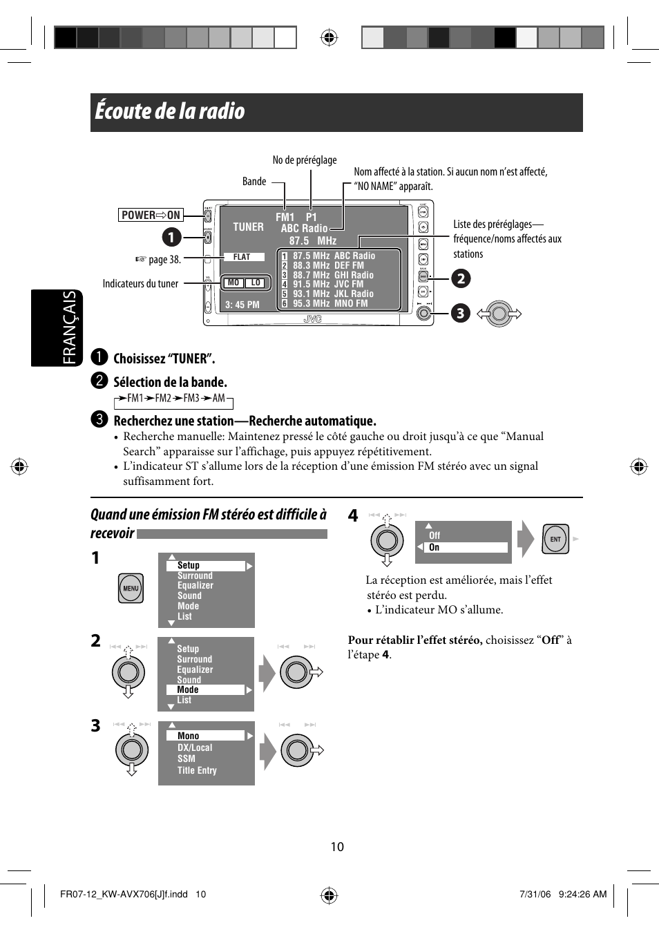 Écoute de la radio, Français, Choisissez “tuner | Sélection de la bande, Recherchez une station—recherche automatique | JVC KW-AVX706 User Manual | Page 126 / 177