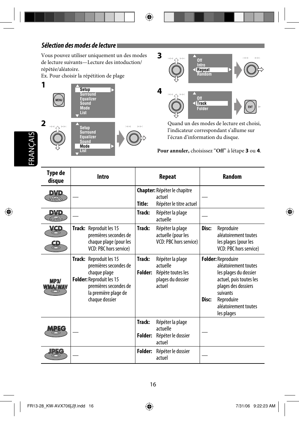 Français, Sélection des modes de lecture | JVC KW-AVX706 User Manual | Page 132 / 177