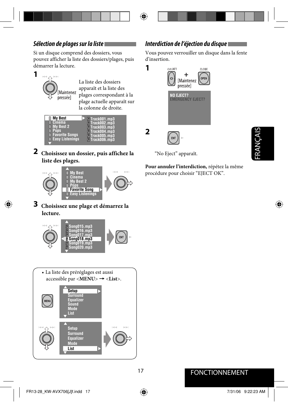 Français, Fonctionnement sélection de plages sur la liste, Interdiction de l’éjection du disque | JVC KW-AVX706 User Manual | Page 133 / 177