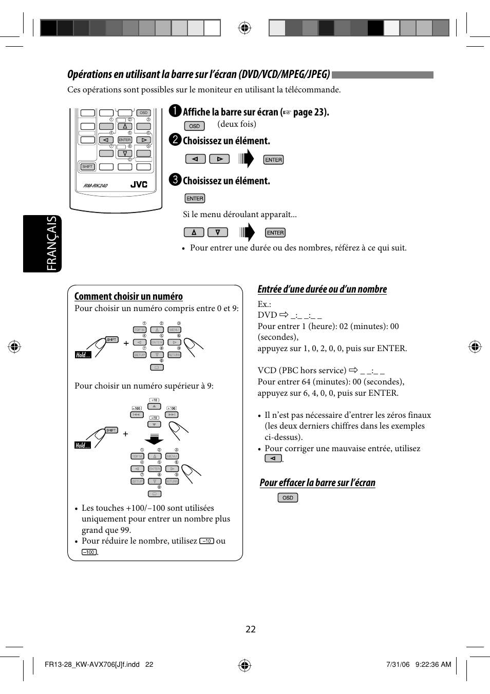 Français, Entrée d’une durée ou d’un nombre, Pour effacer la barre sur l’écran | Affiche la barre sur écran, Page 23), Choisissez un élément, Comment choisir un numéro | JVC KW-AVX706 User Manual | Page 138 / 177
