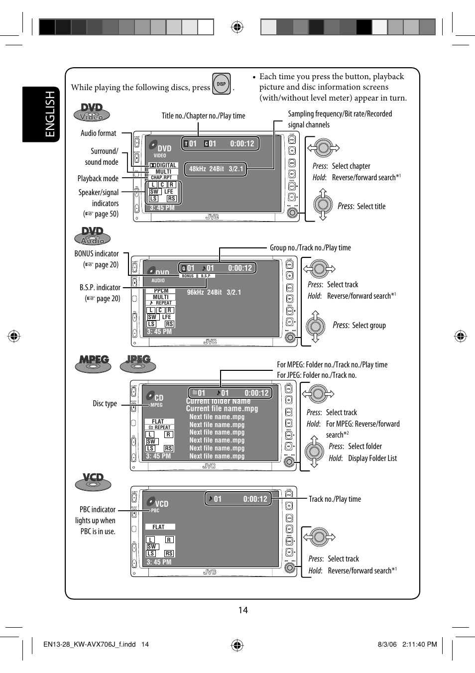 English, Press | JVC KW-AVX706 User Manual | Page 14 / 177