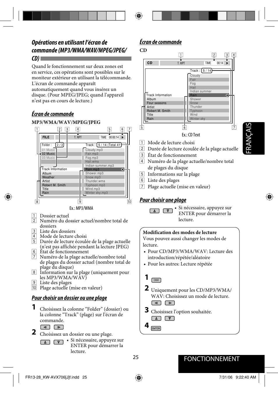 Français, Écran de commande, Pour choisir un dossier ou une plage | Pour choisir une plage | JVC KW-AVX706 User Manual | Page 141 / 177