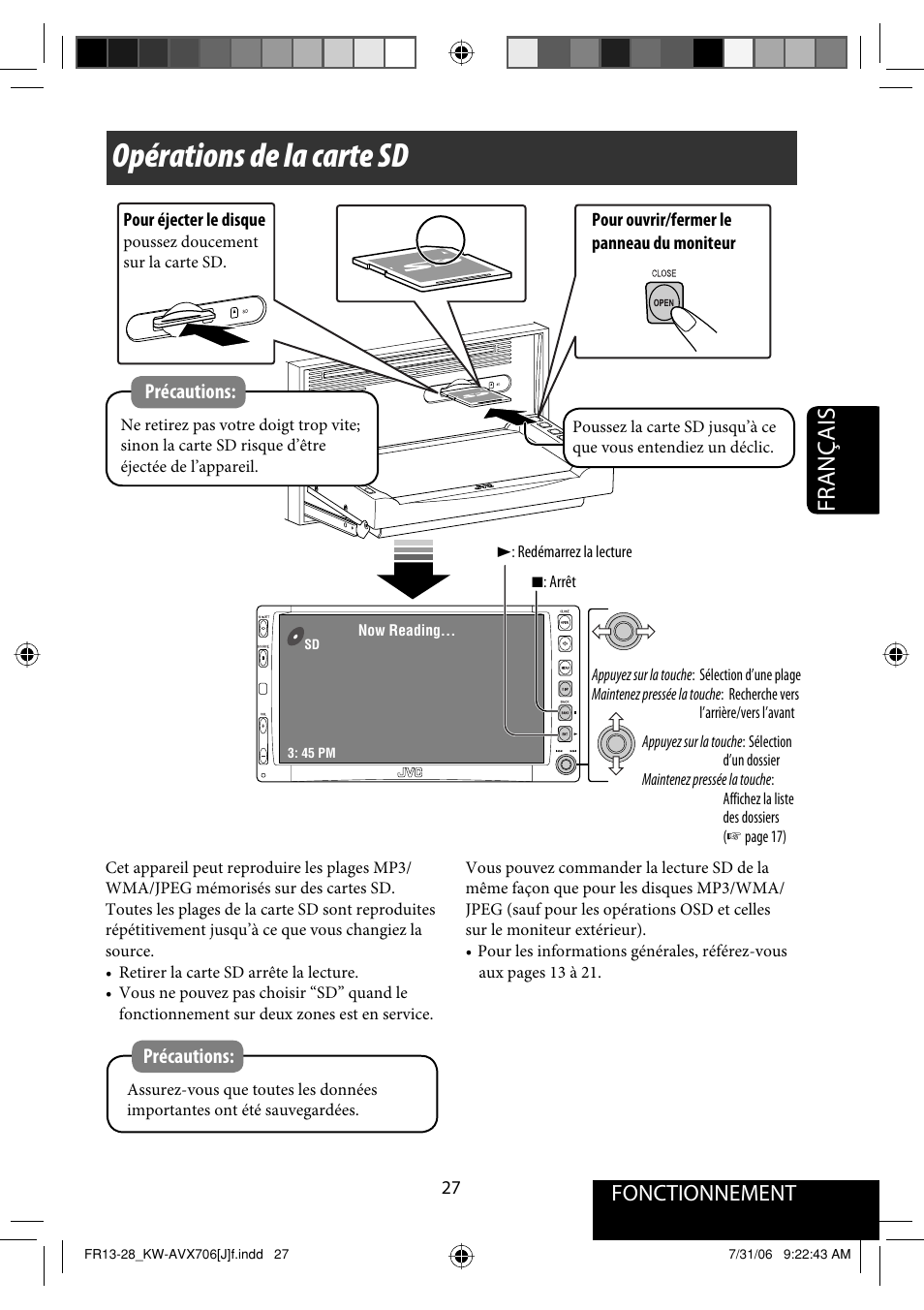 Opérations de la carte sd, Français, Fonctionnement | JVC KW-AVX706 User Manual | Page 143 / 177