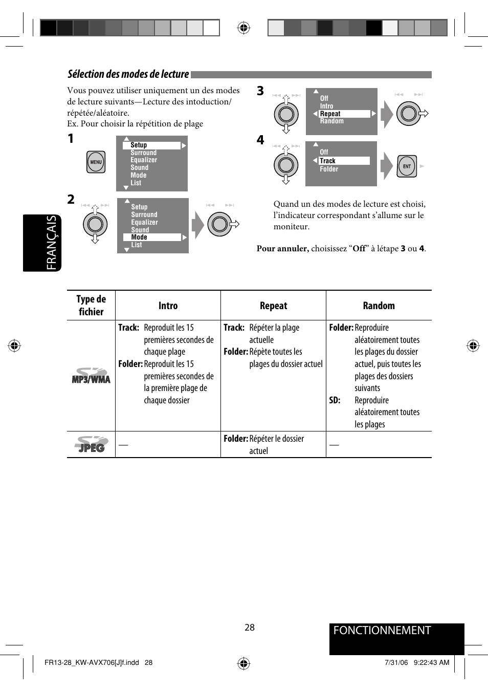 Français, Sélection des modes de lecture, Fonctionnement | JVC KW-AVX706 User Manual | Page 144 / 177