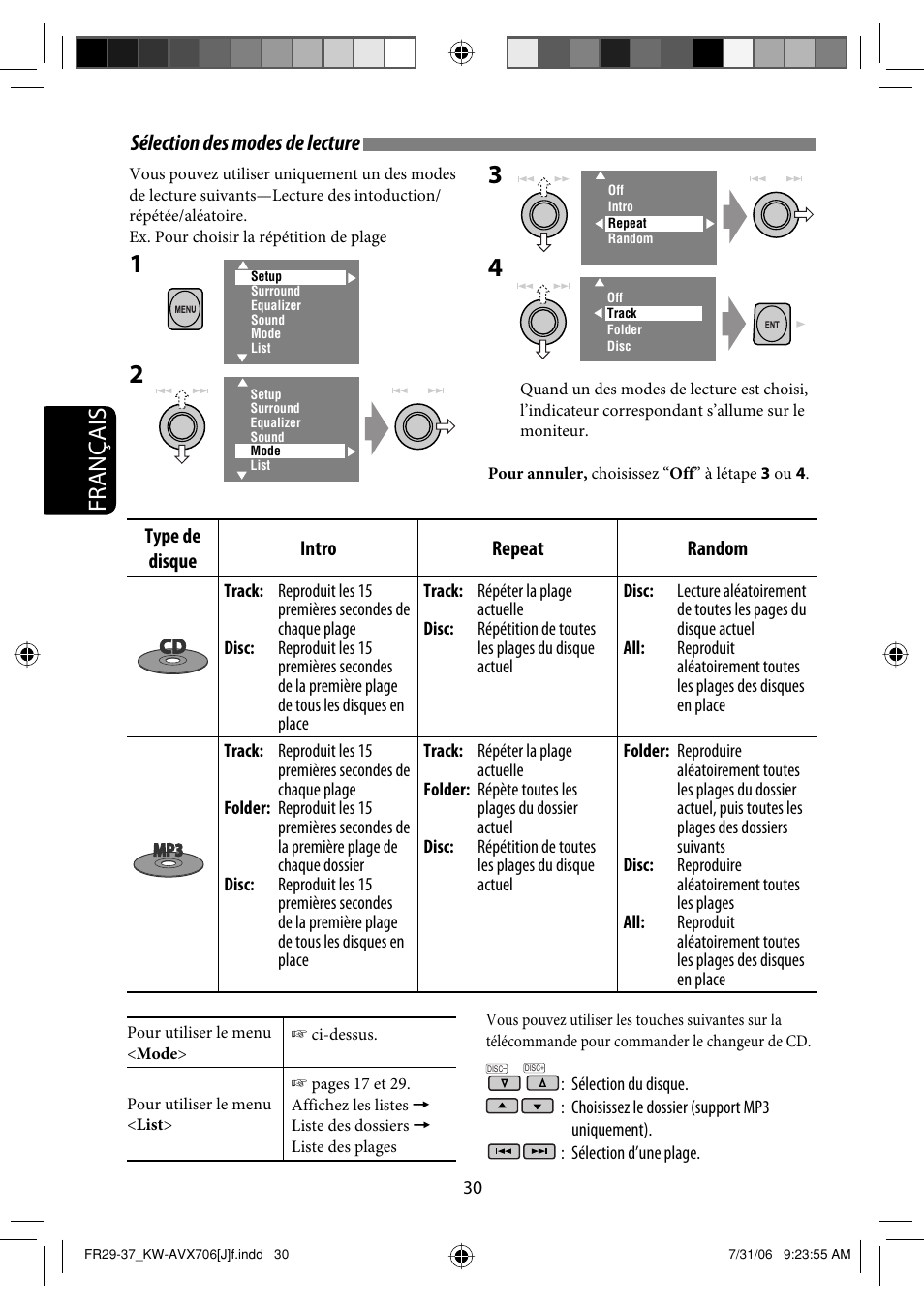 Français, Sélection des modes de lecture | JVC KW-AVX706 User Manual | Page 146 / 177
