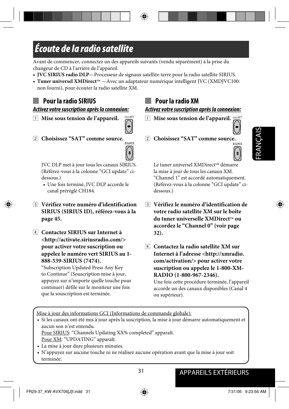 Écoute de la radio satellite, Français, Pour la radio sirius | Pour la radio xm, Appareils extérieurs | JVC KW-AVX706 User Manual | Page 147 / 177