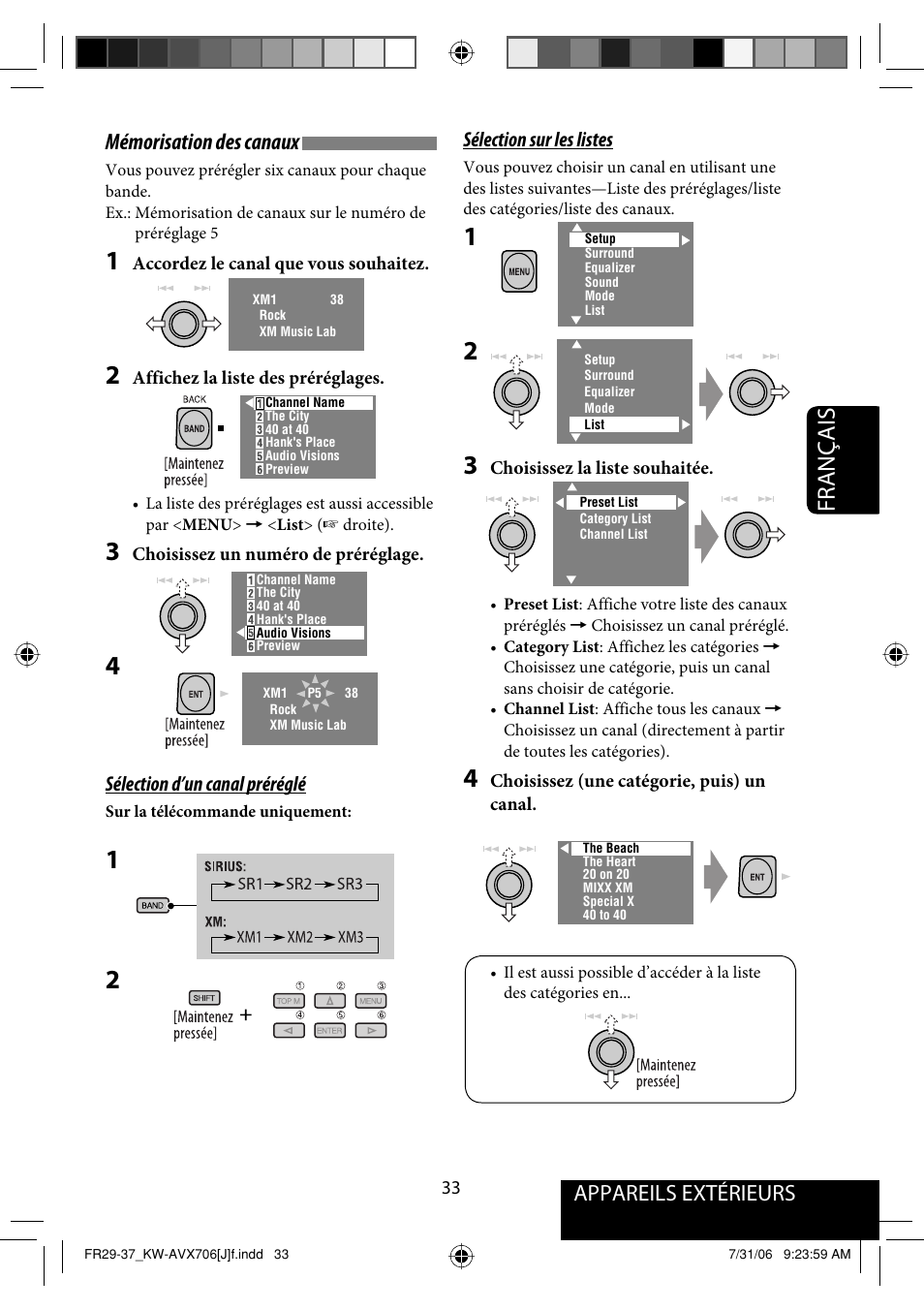 Français, Appareils extérieurs mémorisation des canaux | JVC KW-AVX706 User Manual | Page 149 / 177