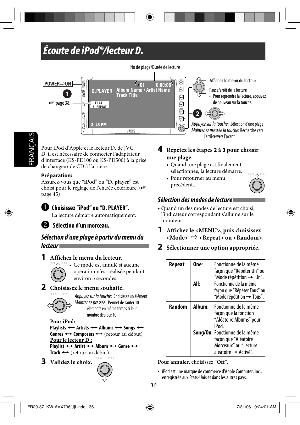 Écoute de ipod®/lecteur d, Français, Sélection d’une plage à partir du menu du lecteur | Sélection des modes de lecture | JVC KW-AVX706 User Manual | Page 152 / 177